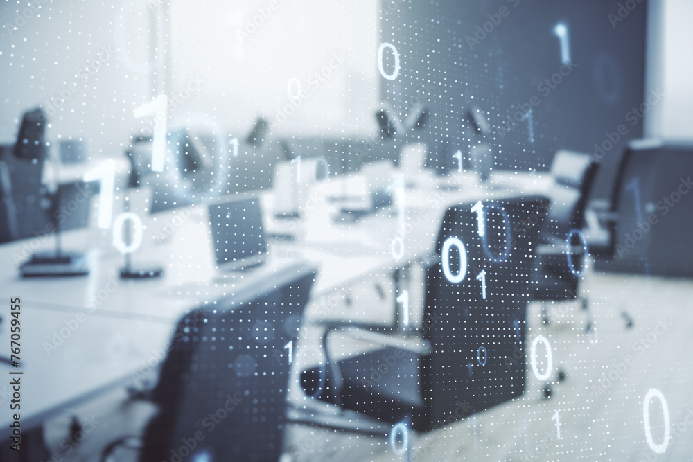 Aufkleber Double exposure of abstract virtual binary code hologram on modern corporate office background. Database and programming concept