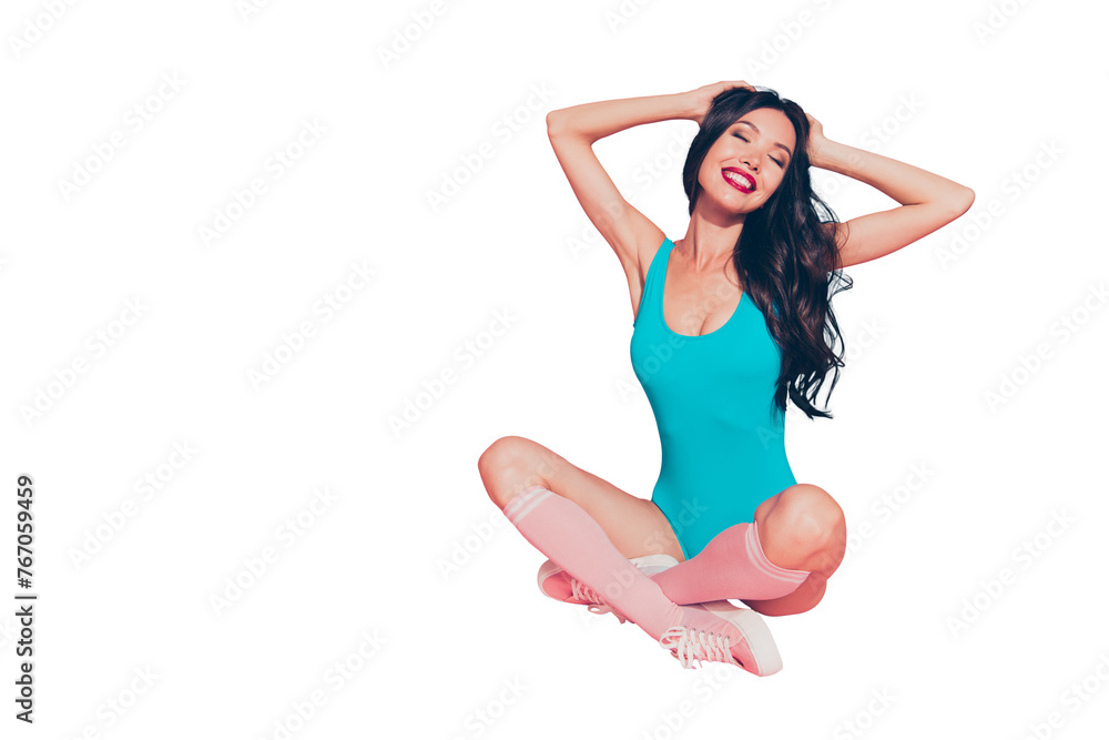 Sticker Full size pretty cute sweet lovely cheerful charming romantic tender lady with her brunette hair she close eyes hold hand on head sitting on floor in isolated on shine pastel pink background