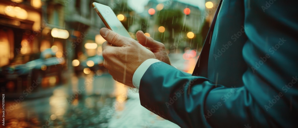 Aufkleber Mobile smart phone of a businessman. Business global internet connection technology and digital marketing, Finance and banking, Digital links, Big Data technologies and analytics.
