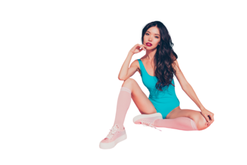 Full size photo of pretty cute dreamy hipster lady with her ideal modern hairstyle she looks at camera sitting on floor touch chin by hand isolated on vivid pastel pink background