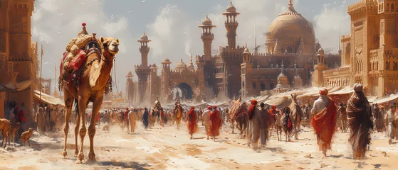 Rolgordijnen a painting of a camel walking through a city © Masum