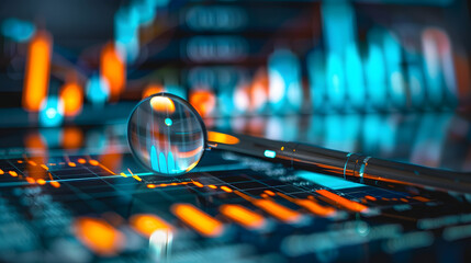 Analytical scrutiny of glowing stock graphs a close up on investment research and trends