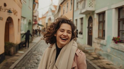 A woman laughing with genuine happiness as she strolls along a cobblestone street lined with charming pastel buildings, evoking the atmosphere of a European vacation