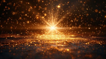 The abstract design features a golden front sun lens flare with a transparent special light effect. The blurred motion glow glare is isolated on a transparent background. A star explosion with rays