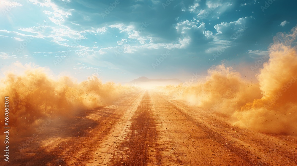 Poster a dusty road is greeted by a dust cloud. a scattering trail is left behind by fast-moving vehicles. 