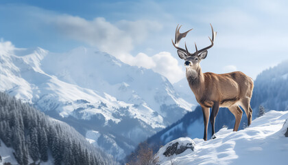 Deer on snow-covered mountain in winter - obrazy, fototapety, plakaty
