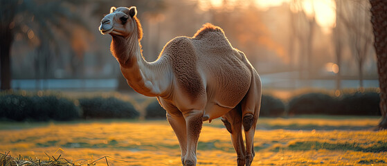 a camel that is standing in the grass - obrazy, fototapety, plakaty