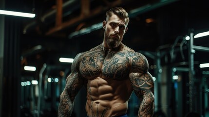 Fototapeta na wymiar Muscular bearded body tattoed man training in gym. Exercise for the muscles