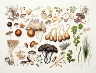 Assorted edible mushrooms on white background