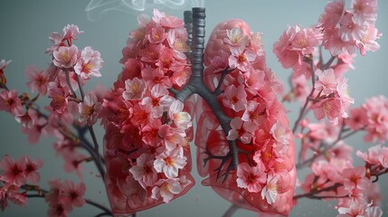 A Japanese flower and cigarette stick depicting the lungs of a human. World No Tobacco Day. No smoking. Medical banner, copy space. - obrazy, fototapety, plakaty