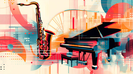 World Jazz Day, An Abstract Jazz Event Poster With Saxophone Trumpet, Generative Ai