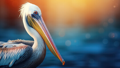 A pelican with a long beak on the water - obrazy, fototapety, plakaty
