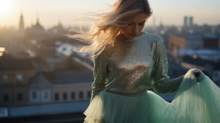 young woman in a green shiny sweater with sequins and a long skirt against the background of the city, morning light, urban landscape, portrait, fashion, model, dress, girl - obrazy, fototapety, plakaty