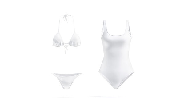 Blank white one-piece swimsuit and bikini mockup, front view