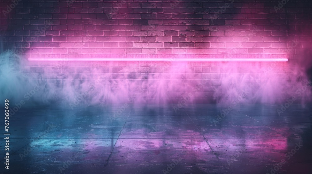 Poster there are neon lights shining on neon bricks with smoke. there are neon reflections on wet asphalt. 