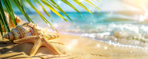 Starfish on the beach, Summer vacation theme - obrazy, fototapety, plakaty