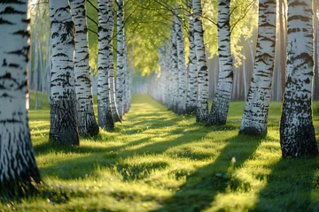 Gordijnen Sunlit Birch Grove, Serene Morning in Verdant Forest © Svetlana