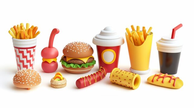 Modern icon set of fast food icons with 3D realistic render. Pizza, taco, hamburger, fries potatoes, ramen noodle soup, hot dog, popcorn, chicken leg.