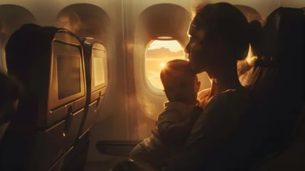 Fototapeten Cinematic photograph of a mother holding baby at a plane seat . Mother's Day. © MadSwordfish