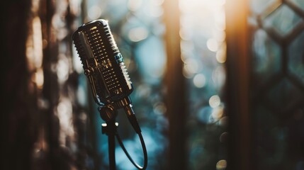 Bokeh light on retro microphone on stage