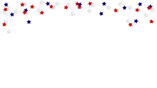 Blue, red and whitestar shaped confetti isolated on background. 4th July, Independence day party decor, invitation.  Web banner in usa, Czech, Russia flag colors. Top view, flat lay, empty copy space