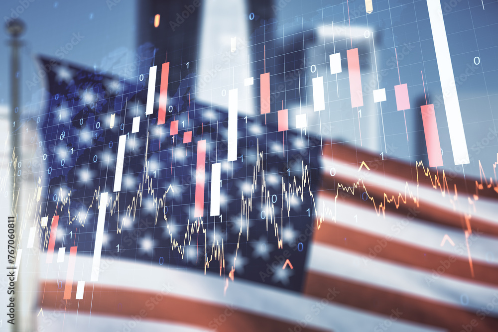 Poster multi exposure of virtual abstract financial graph hologram and world map on us flag and skyline bac