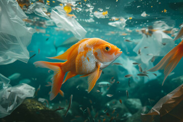 An orange goldfish is depicted swimming amongst plastic waste, in a generative AI representation of pollution in aquatic habitats