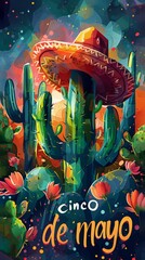 Cinco de mayo mexican fiesta poster with text. Sombrero and cactus, guitar and tequila