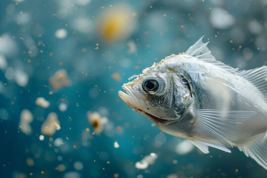 Close-up of a fish surrounded by microplastics, conveying the pressing issue of marine pollution in a generative AI artwork