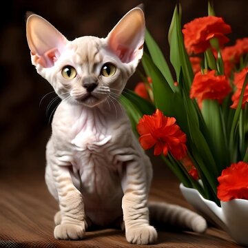 A photo of a Devon Rex cat with funny big ears, beautiful eyes and wavy fur sits next to a flower. Generative AI