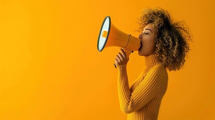 A young woman yelling in a megaphone on a vibrant yellow background, real photo - obrazy, fototapety, plakaty