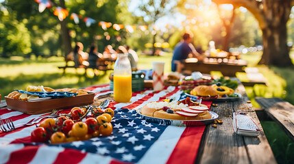 A relaxed Labor Day picnic setting with an American flag tablecloth, people enjoying food and company. 
