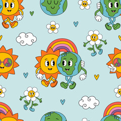 Obraz premium seamless pattern with groovy Earth , Sun, rainbow, flower