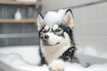 Fototapeta premium Funny dog with soapy white foam on his head sits in the bathtub, taking care of his pet, grooming and washing him