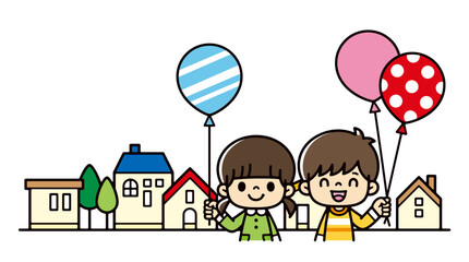 illustration of boy and girl with balloons in a residential area