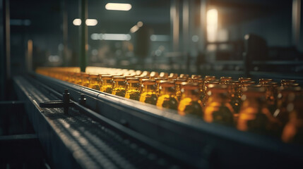 Bottled vegetable oil on conveyor automated machine being produced