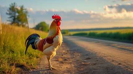 Rooster on blurred beautiful sunrise sky with sun light in farm autumn background - obrazy, fototapety, plakaty