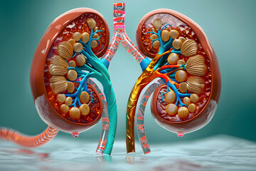 Human kidneys anatomy, structure, physiology, cross-section, Medical Profession, Morphology. 3d illustration - obrazy, fototapety, plakaty