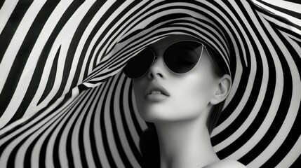 Portrait of beautiful model in striped hat on a stripe background