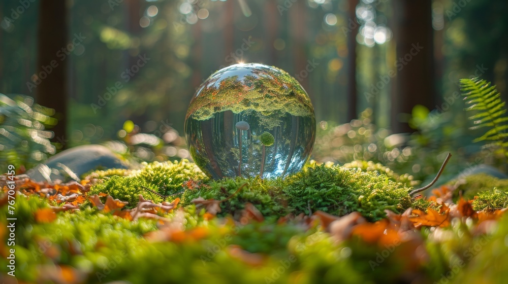 Poster environment. glass globe on grass moss in forest - green planet - abstract bokeh lights - concept fo