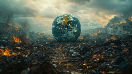 Platonic Earth destroyed by pollution. Climate catastrophe concept (global warming, greenhouse effect). - obrazy, fototapety, plakaty