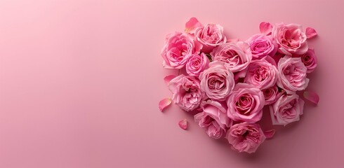 Elegant Pink Roses Forming a Heart Shape on Pastel Pink Background with Copy Space, Top View - Romantic Valentine's Day Concept, High-Quality Nikon D850 Style Image, Natural Lighting, Soft Tones, Mult