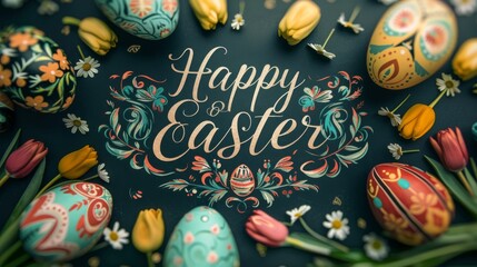 Festive Easter greeting card with "Happy Easter" text and decorative eggs.	
