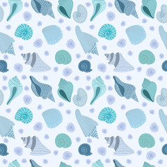 Light purple or blue seashells seamless pattern with on a light background. Summer ornament