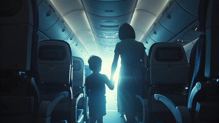 Cinematic photograph of a mother holding child hand  at a plane seat . Mother's Day.