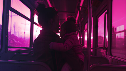 Cinematic photograph of a mother holding baby at a bus . Mother's Day. Pink and purple color...