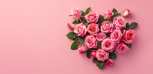 Elegant Pink Roses Forming Heart Shape, Flat Lay Composition for Valentine's Day, Pink Background with Copy Space, High-Resolution Professional Stock Image with Color Grading