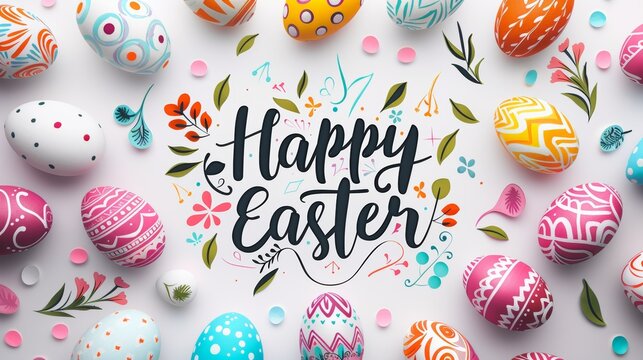 Festive Easter greeting card with "Happy Easter" text and decorative eggs.	
