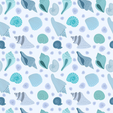 Light purple or blue seashells seamless pattern with on a light background. Summer ornament