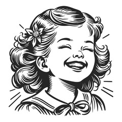 Happy girl laughing capturing a moment of pure joy and innocence sketch engraving generative ai fictional character vector illustration. Scratch board imitation. Black and white image.